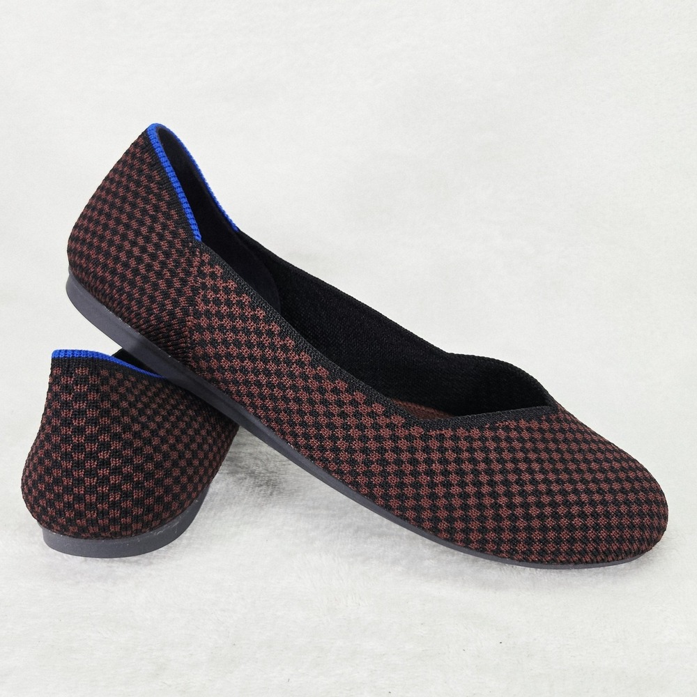 Rothy's Shoes Womens 7 37 Maroon Black Check Knit The Flat Slip On Ballet Flats